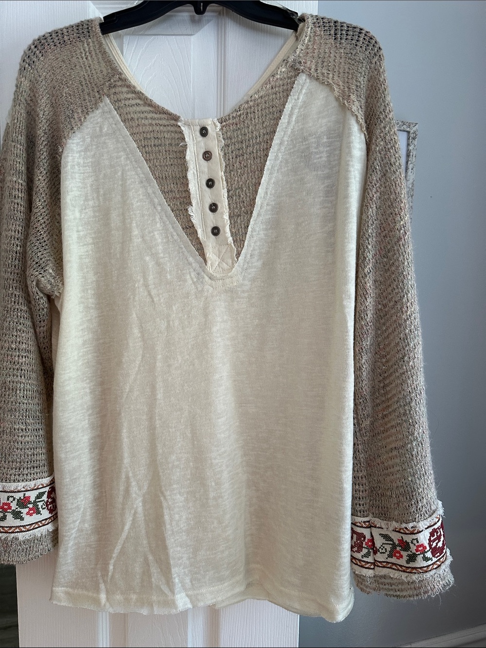 Umgee Cream and Taupe Raglan Henley with Embroidered Cuffs